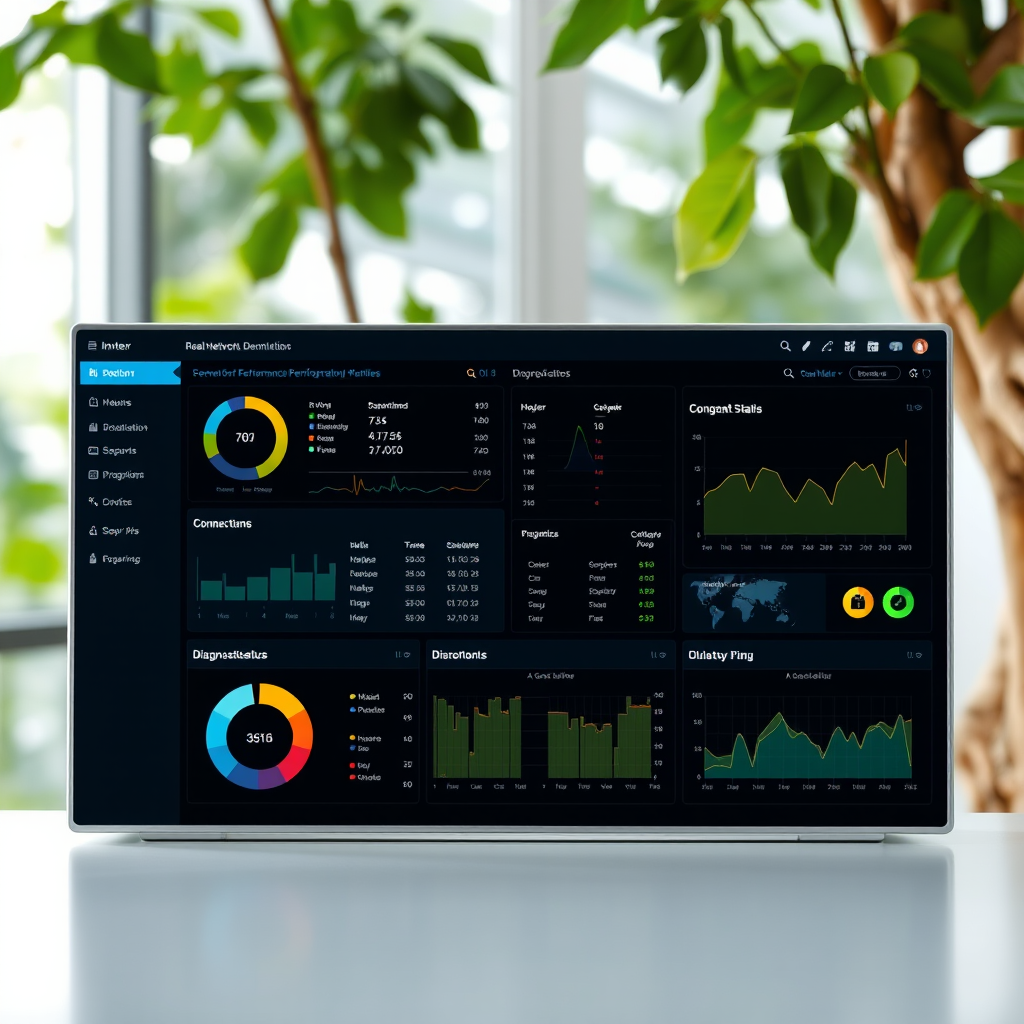 Professional network monitoring dashboard showing real-time network performance metrics, connection status indicators, and diagnostic tools interface