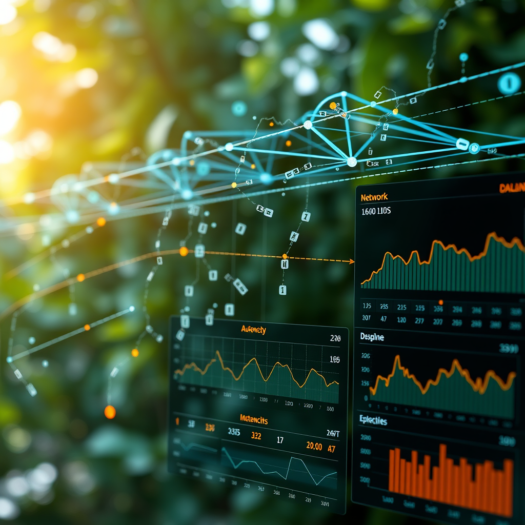 Network latency visualization showing data packets traveling through network infrastructure with delay indicators and performance metrics dashboard