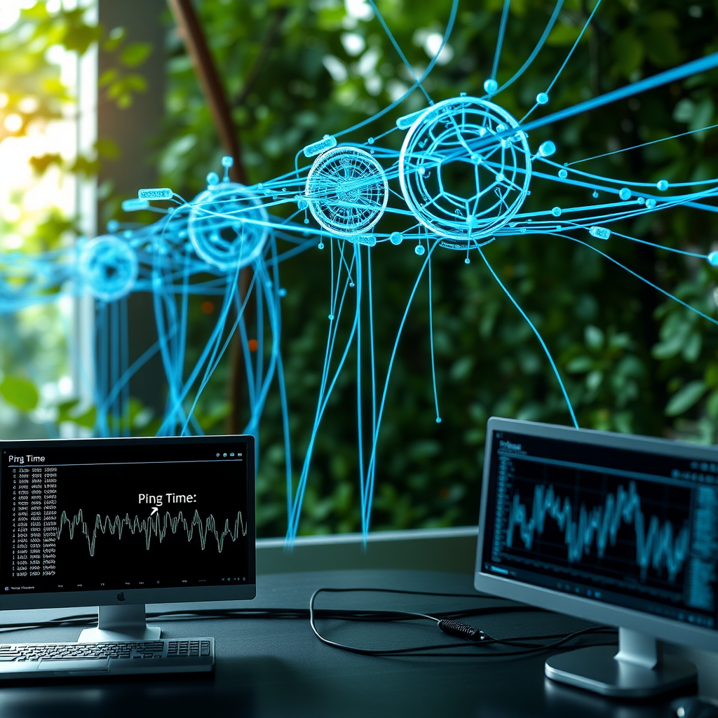 Network latency visualization showing data packets traveling through network infrastructure with ping time measurements and jitter analysis graphs on computer monitors