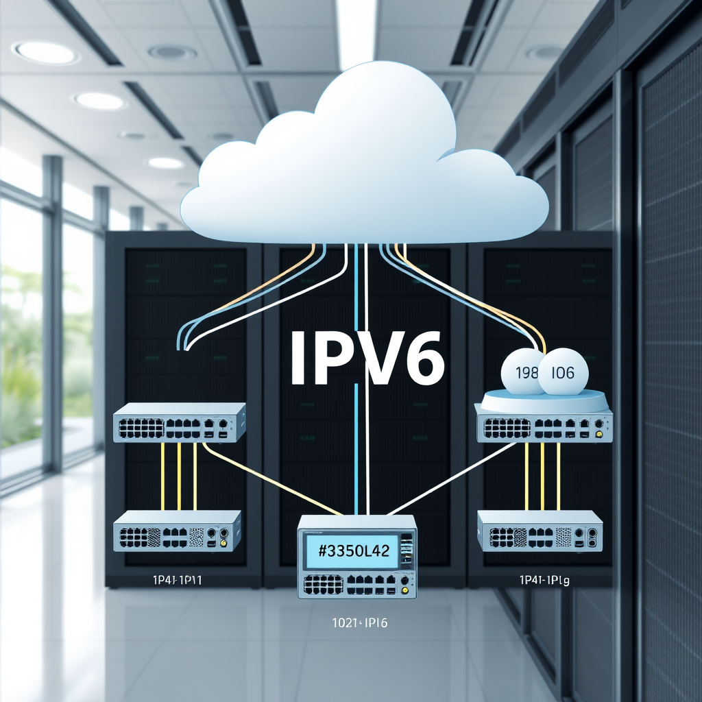 Modern network infrastructure diagram showing IPv6 addressing scheme with routers, switches, and connected devices displaying 128-bit IPv6 addresses in a corporate data center environment