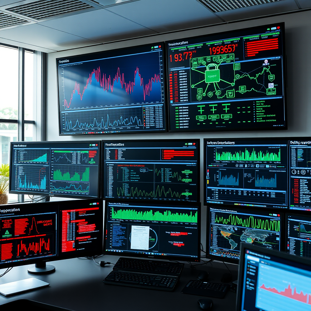 Network security monitoring dashboard showing real-time traffic analysis, intrusion detection alerts, and network performance metrics on multiple screens in a modern security operations center