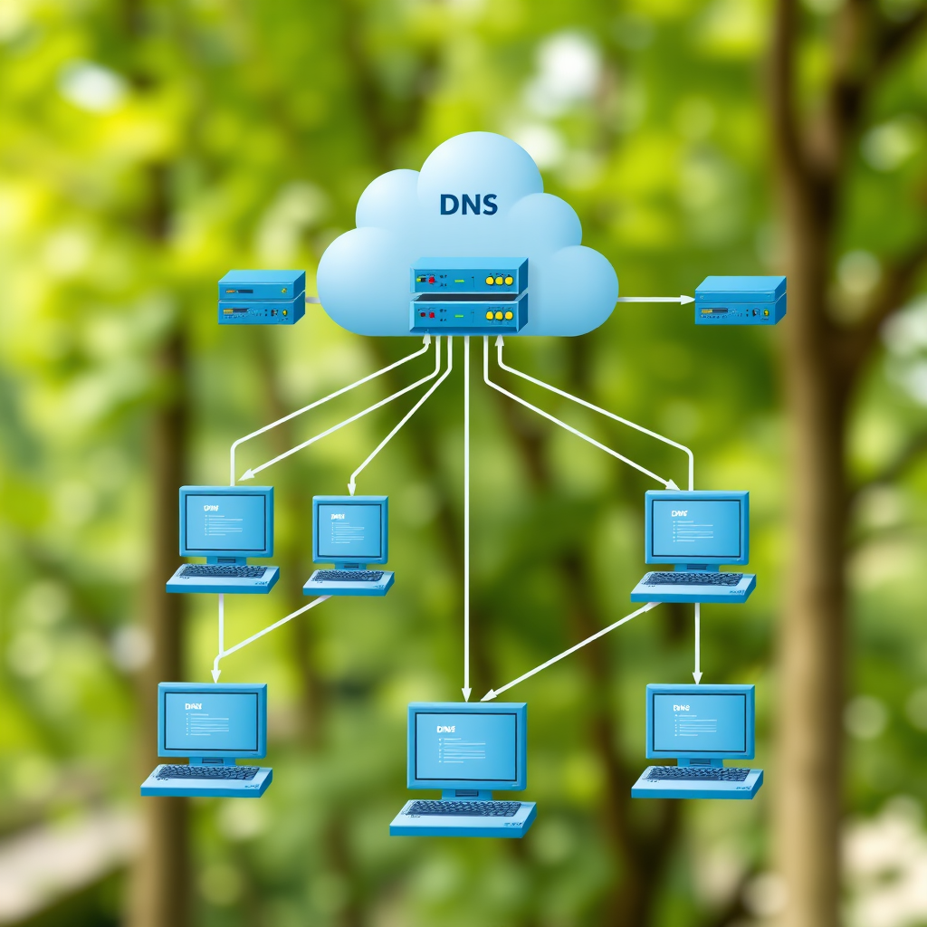 Network diagram showing DNS server infrastructure with multiple DNS servers, routers, and client computers connected in a hierarchical structure, illustrating the DNS resolution process flow