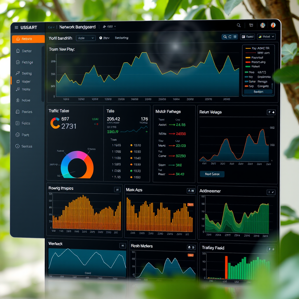 Network bandwidth management dashboard showing traffic flow visualization, QoS settings, and real-time network performance metrics with colorful graphs and charts