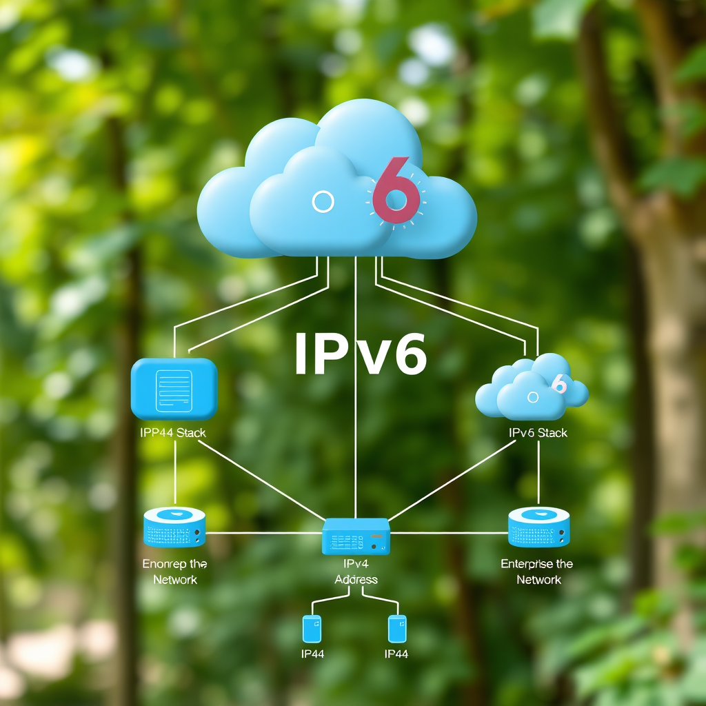 IPv6 network diagram showing transition from IPv4 to IPv6 addressing with dual-stack configuration and enterprise network topology