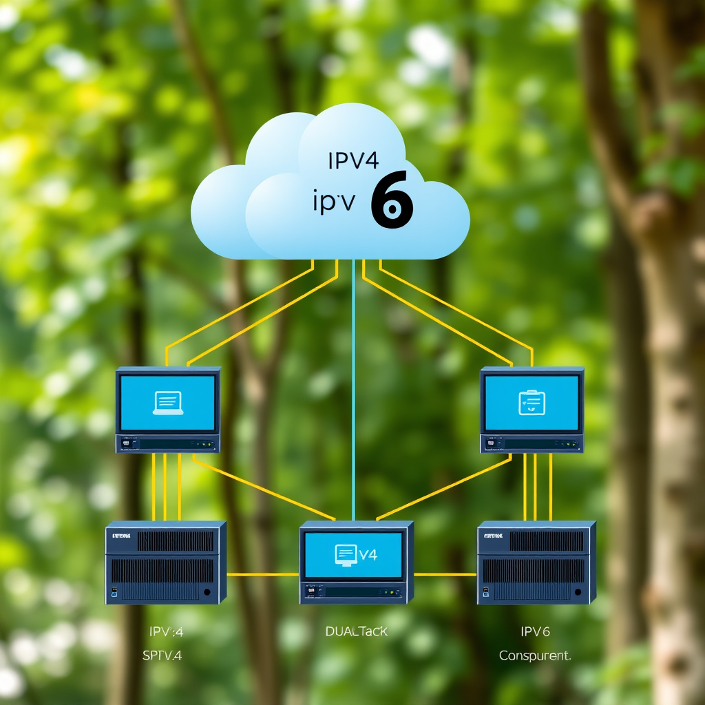IPv6 network migration diagram showing transition from IPv4 to IPv6 addressing with dual-stack configuration setup on enterprise network equipment and servers