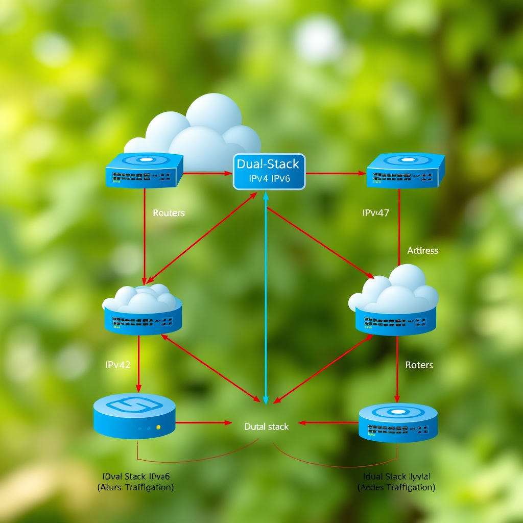 Network diagram illustrating dual-stack IPv4 and IPv6 configuration with routers handling both protocol stacks simultaneously, showing traffic flow and address translation mechanisms