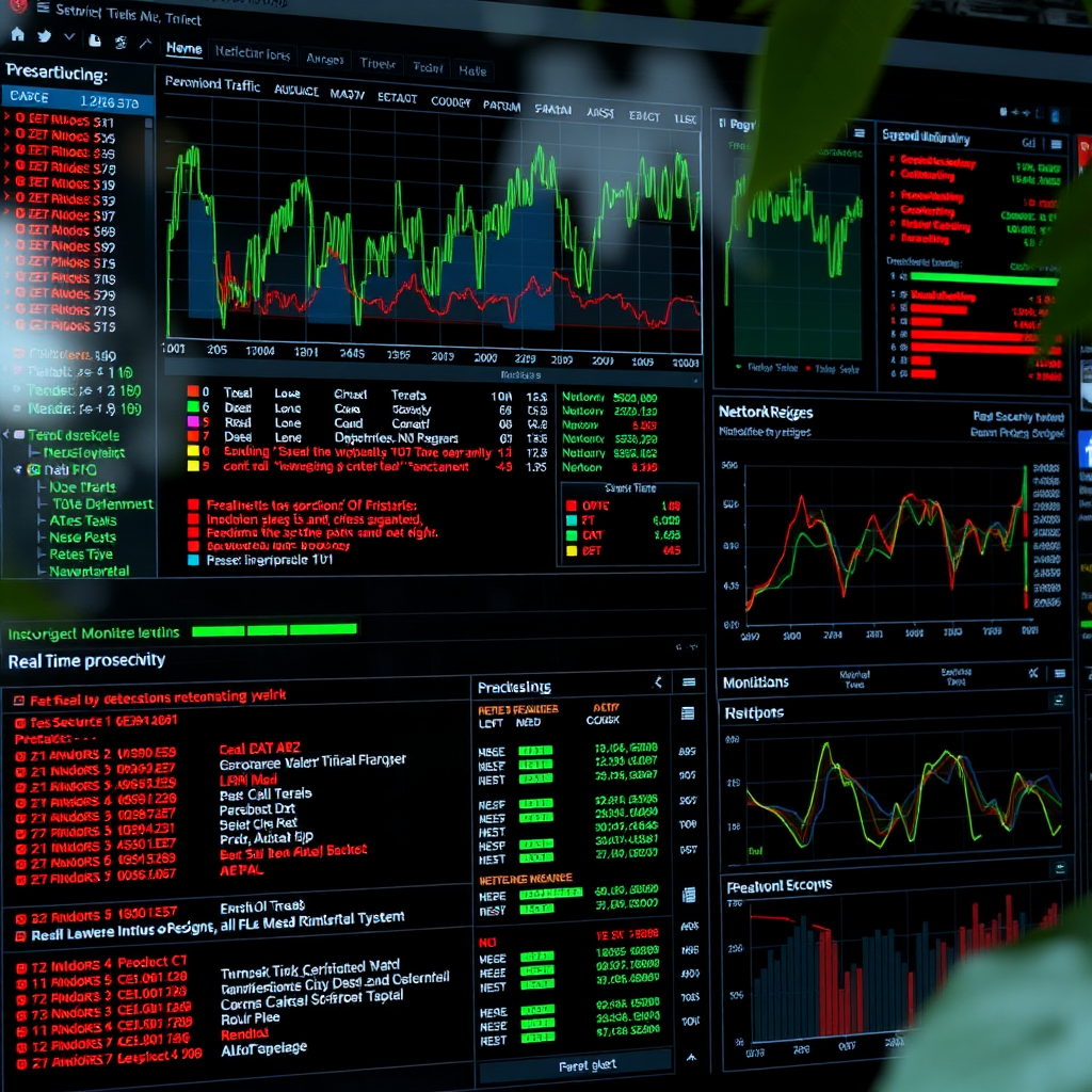 Intrusion detection system interface displaying network traffic patterns, threat alerts, and security event logs with color-coded severity levels and real-time monitoring graphs