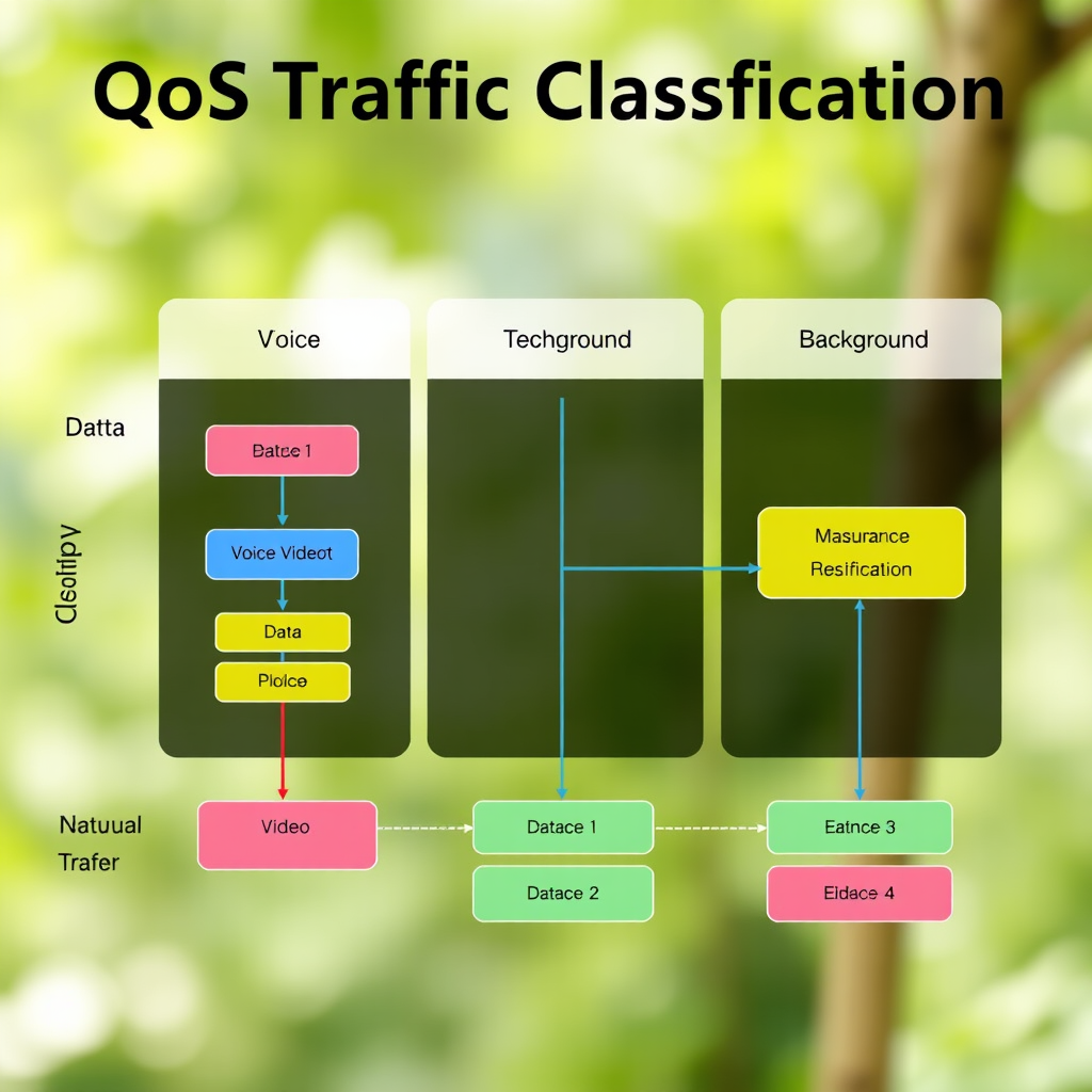 QoS traffic classification diagram showing different priority levels for voice, video, data, and background traffic with color-coded flow charts