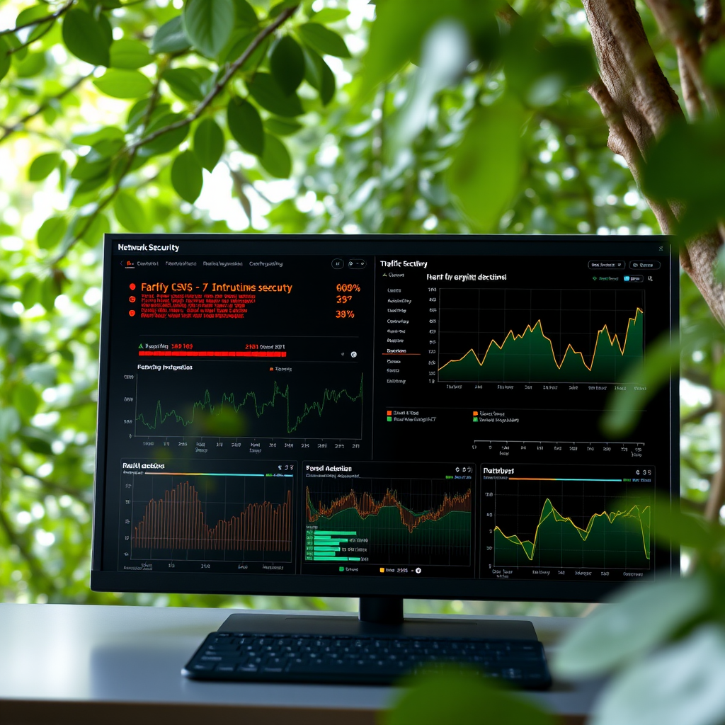 Network security monitoring dashboard displaying intrusion detection alerts, traffic analysis graphs, and real-time threat monitoring interface
