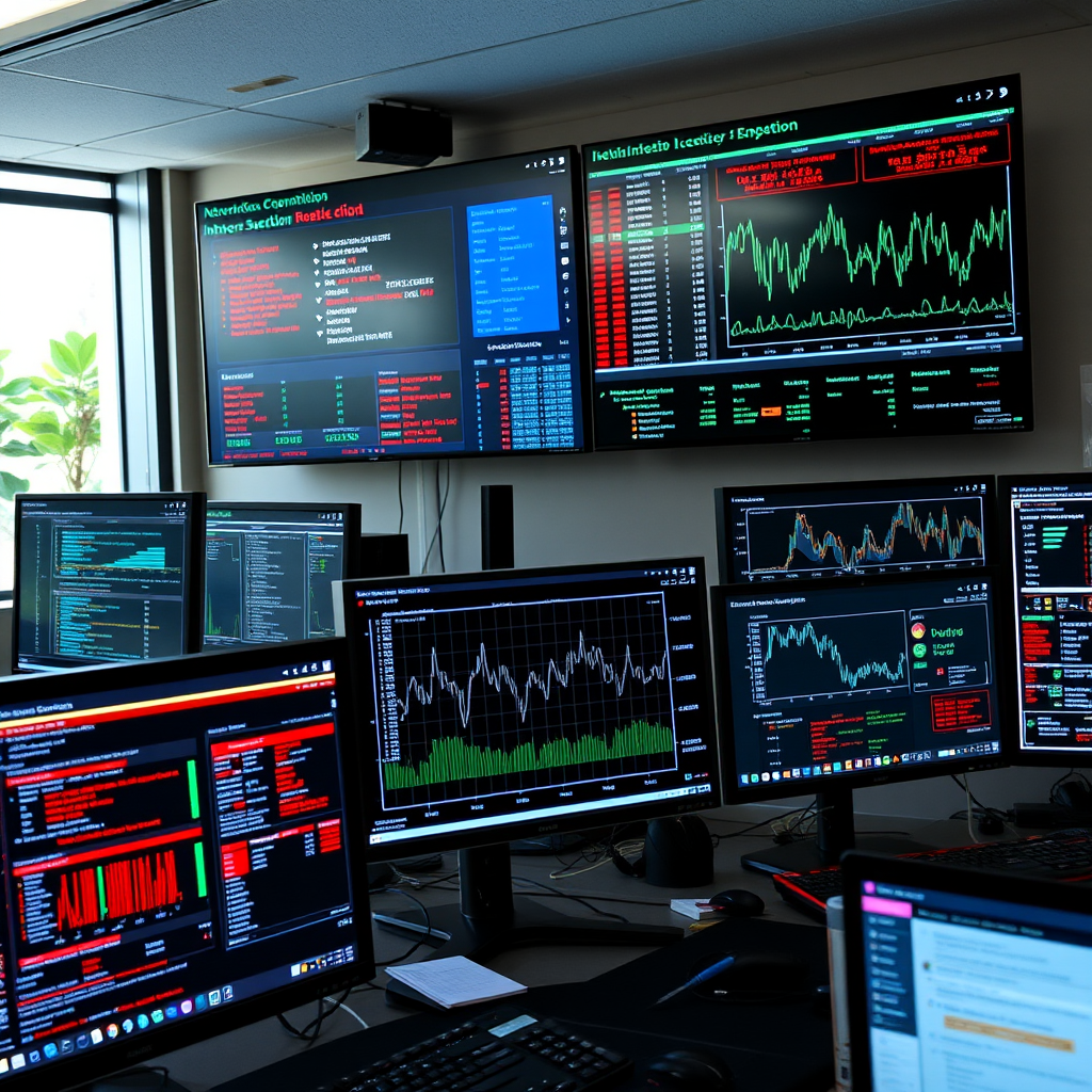 Network security monitoring dashboard displaying intrusion detection alerts, traffic analysis graphs, and real-time threat monitoring on multiple computer screens in a security operations center