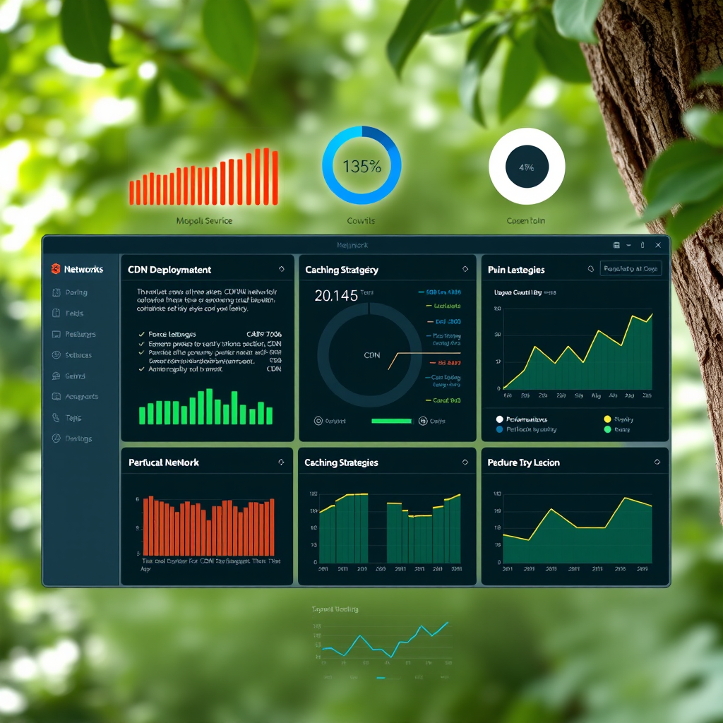 Network optimization dashboard showing various tools and metrics for reducing latency including CDN deployment, caching strategies, and performance monitoring