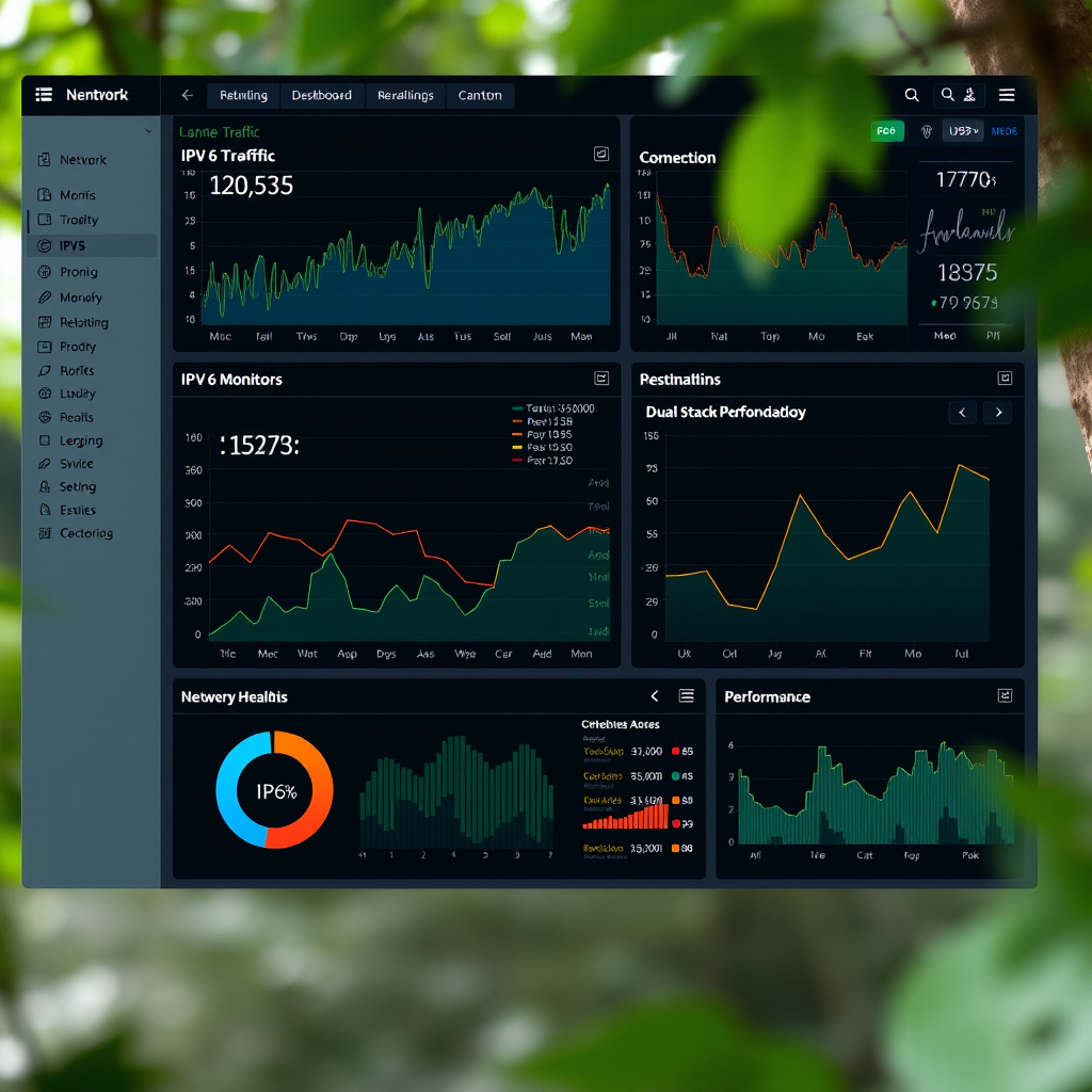 Network monitoring dashboard displaying IPv6 traffic statistics, connection graphs, and performance metrics with real-time data visualization showing dual-stack network health indicators