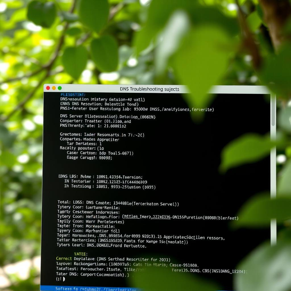 DNS troubleshooting interface showing command-line tools, DNS resolution queries, cache analysis, and network diagnostic commands on a terminal screen with DNS server configurations