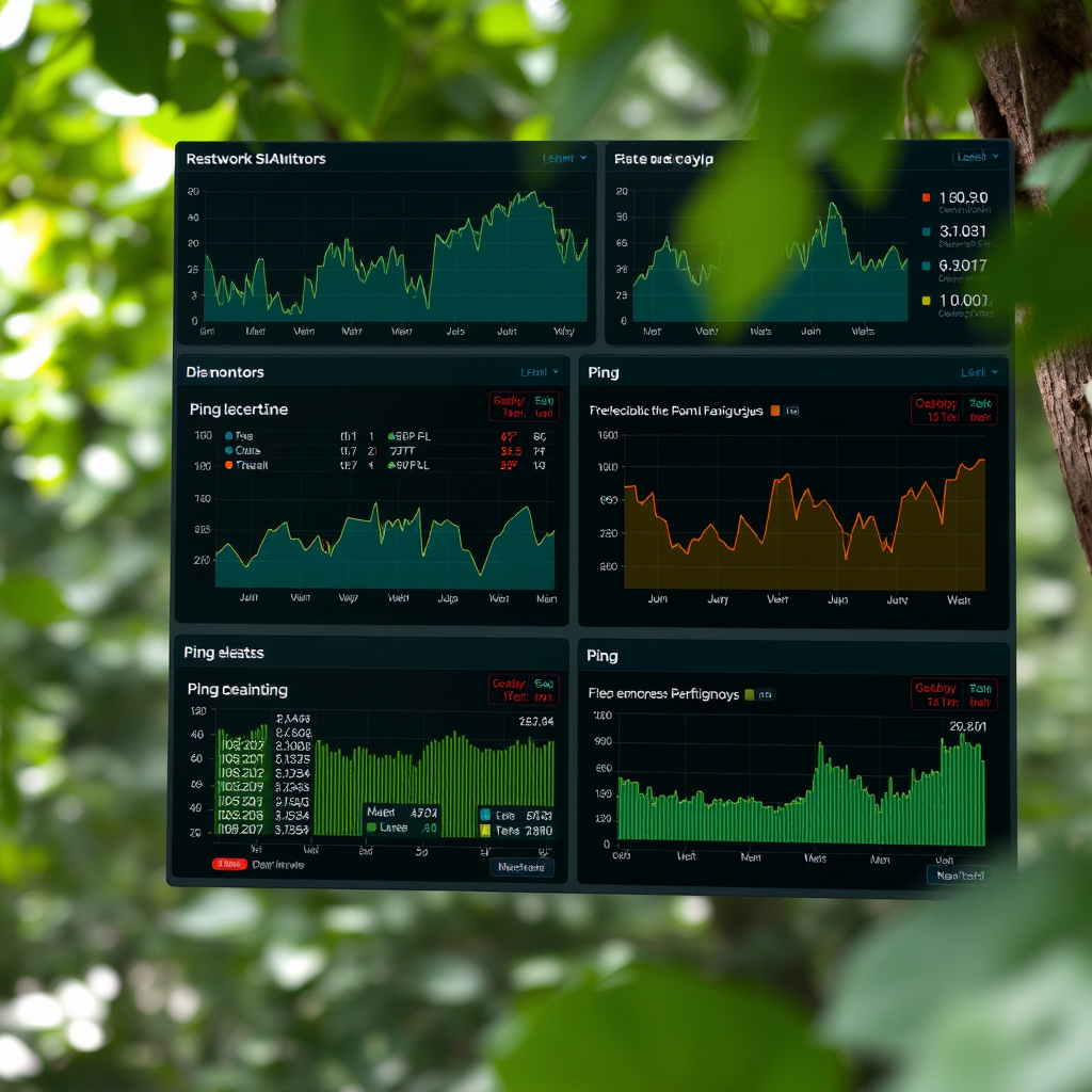 Network monitoring dashboard displaying real-time latency graphs, ping statistics, and performance alerts for network administrators