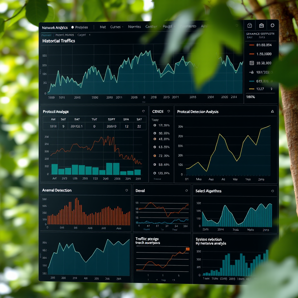 Network baseline analytics interface showing historical traffic patterns, protocol usage trends, user behavior analysis, and anomaly detection algorithms with statistical charts and graphs