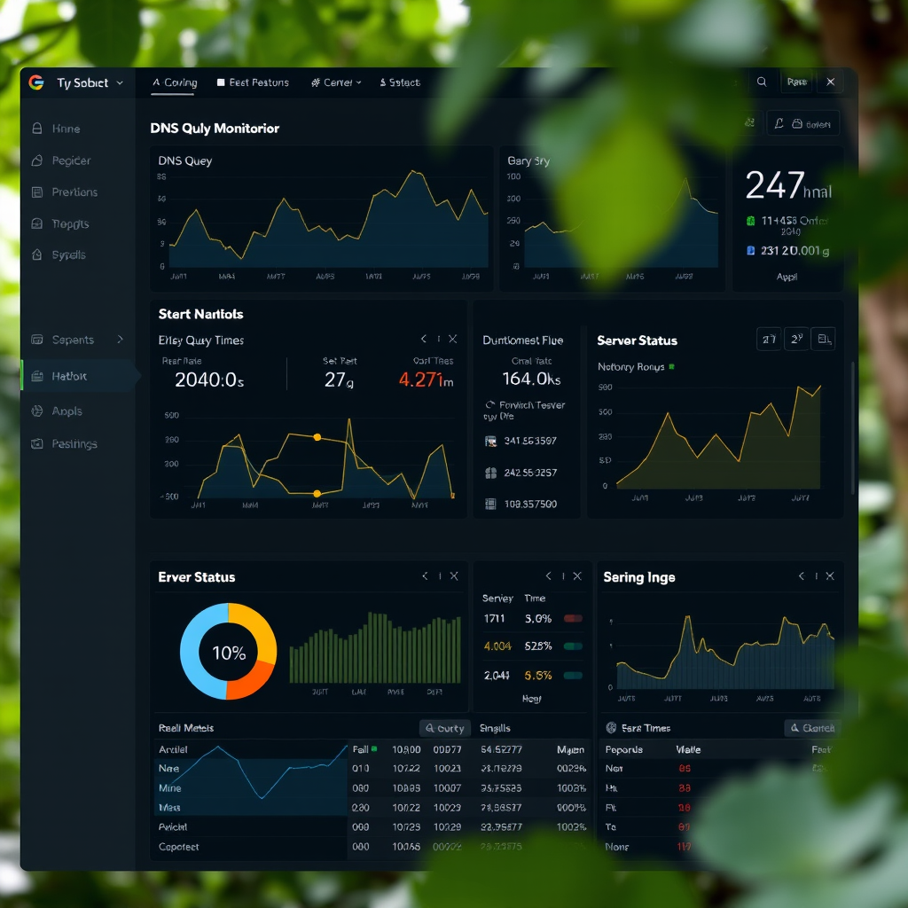 Network monitoring dashboard displaying DNS query statistics, response times, error rates, and server status indicators with graphs and real-time metrics