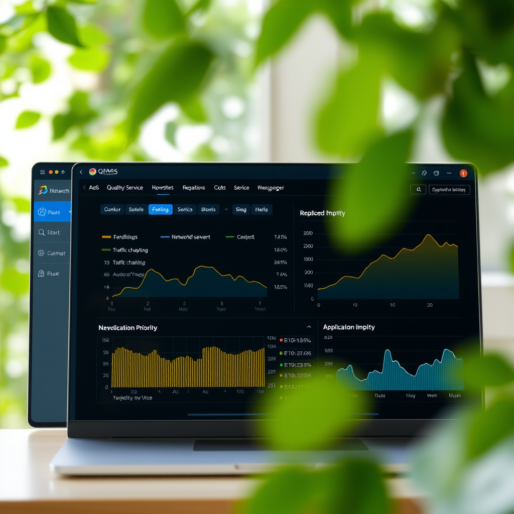 Bandwidth management dashboard showing Quality of Service QoS configuration, traffic shaping controls, network utilization graphs, and application priority settings on network management software