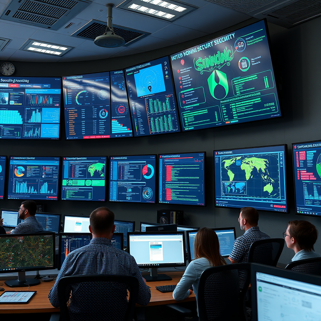 Modern security operations center with multiple analysts monitoring network security dashboards, incident response workflows, and threat intelligence feeds on large wall-mounted displays